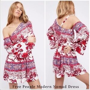 Free People One-Shoulder Red & White Boho Floral Dress